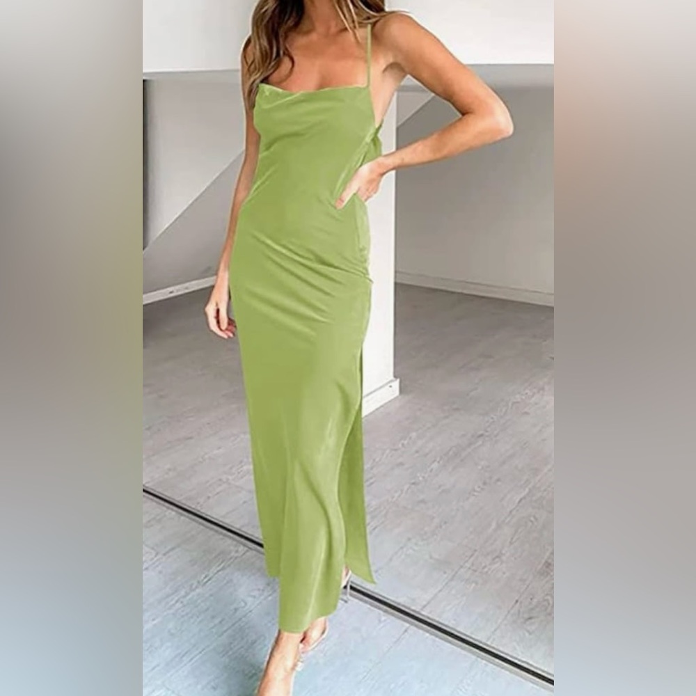 Dress- Satin Spaghetti Strap Dress with high slit women’s green